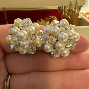Pearl and Crystal Cluster Clip Earrings